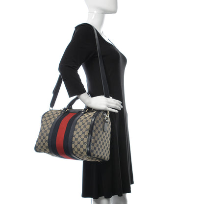 Gucci Monogram Selleria Calfskin Vintage Web Medium Boston Beige Blue 2 of 9