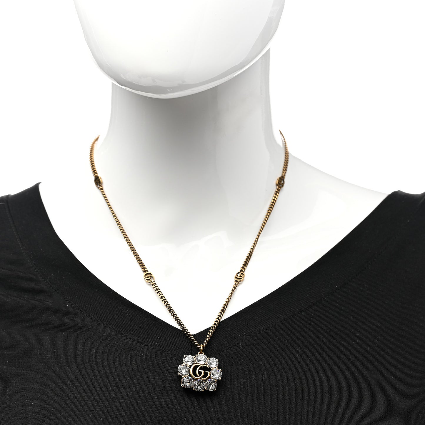 GUCCI Crystal Embellished Double G Necklace Aged Gold