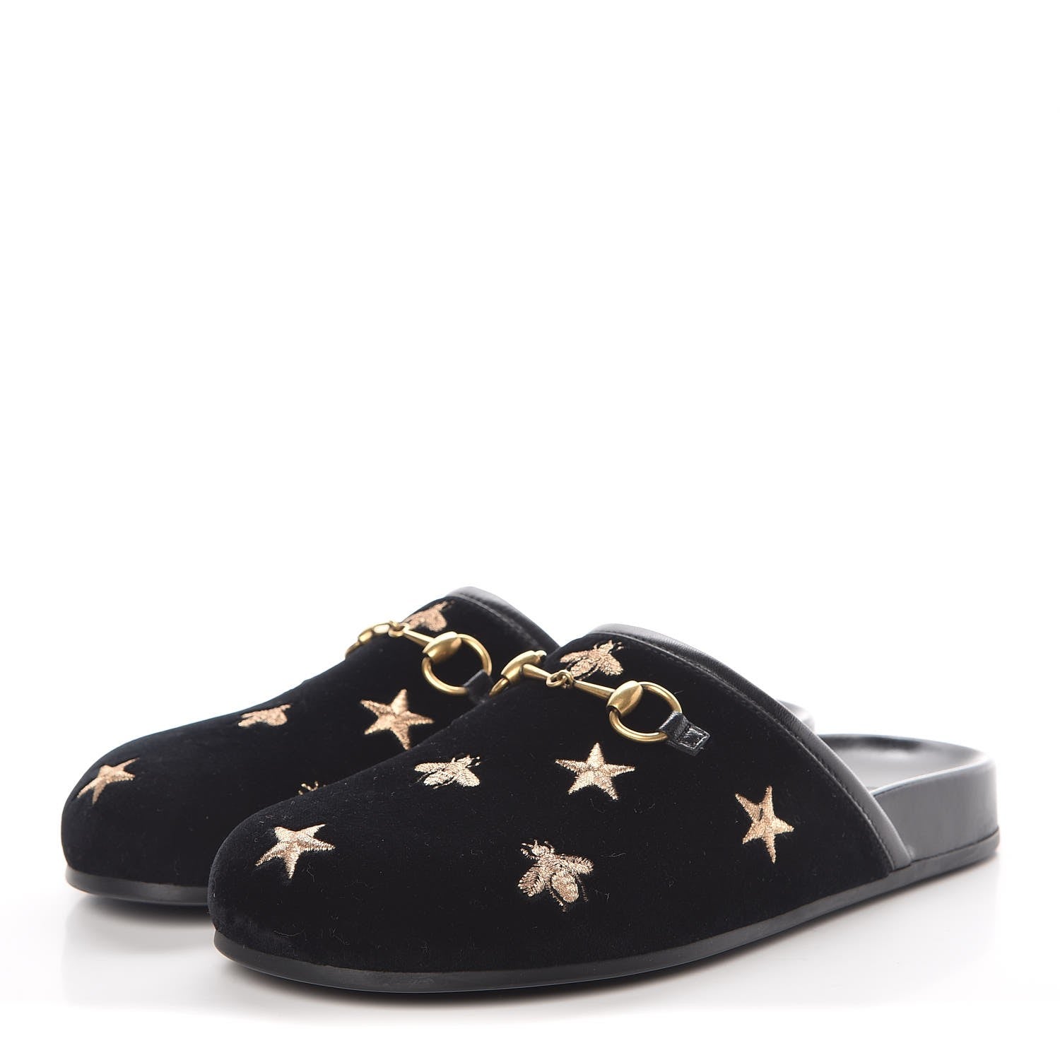 Gucci Softy Velvet Malaga Kid Bee Star Embroidered Womens Horsebit River Slippers 36 Black 3 of 12