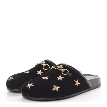 Gucci Softy Velvet Malaga Kid Bee Star Embroidered Womens Horsebit River Slippers 36 Black 3 of 12