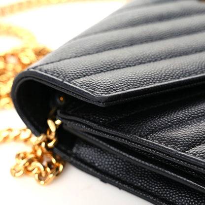 Saint Laurent Grain De Poudre Matelasse Chevron Monogram Chain Wallet Black 10 of 17