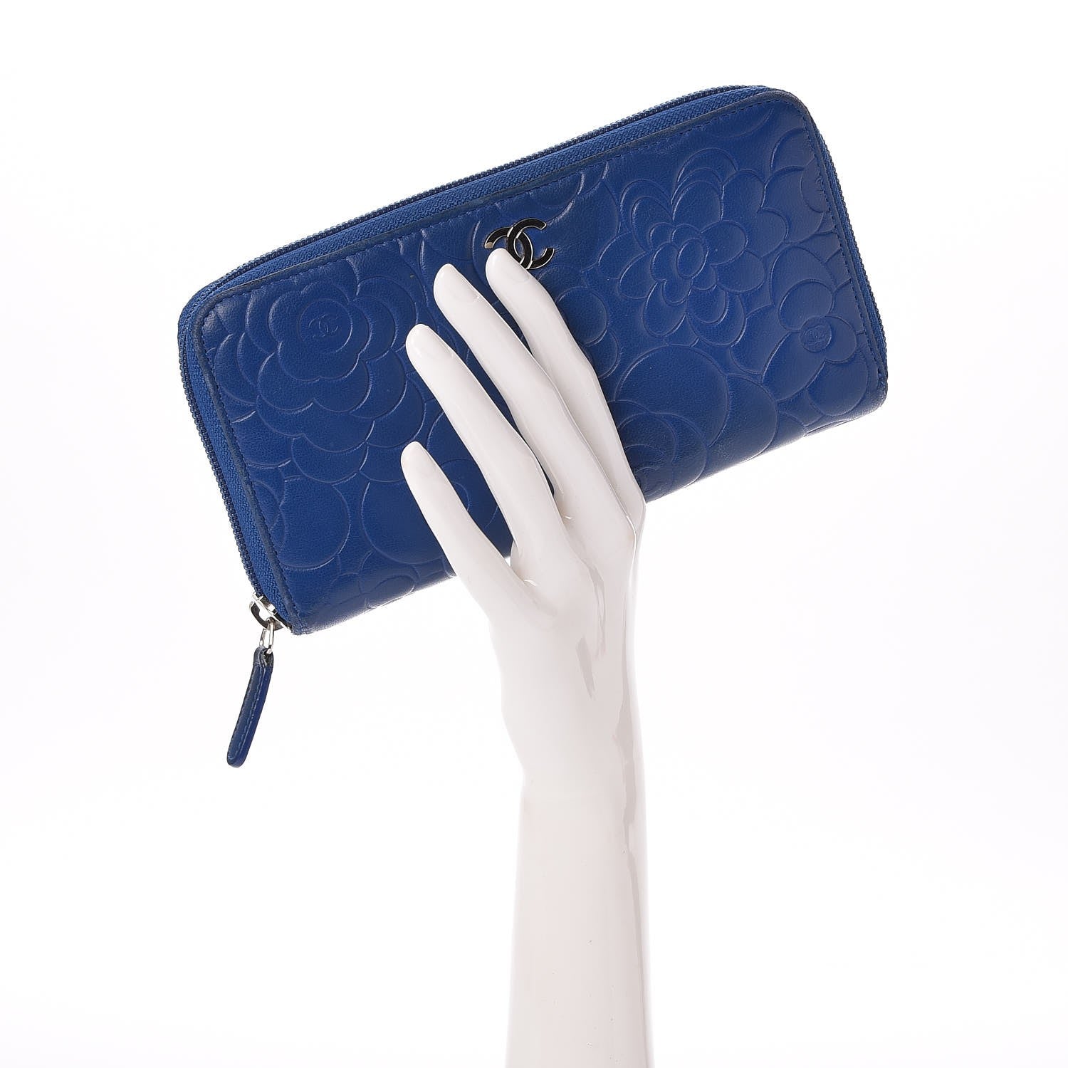Chanel Lambskin Camellia Embossed Large Gusset Zip Around Wallet Blue 2 of 8
