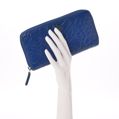 Chanel Lambskin Camellia Embossed Large Gusset Zip Around Wallet Blue 2 of 8