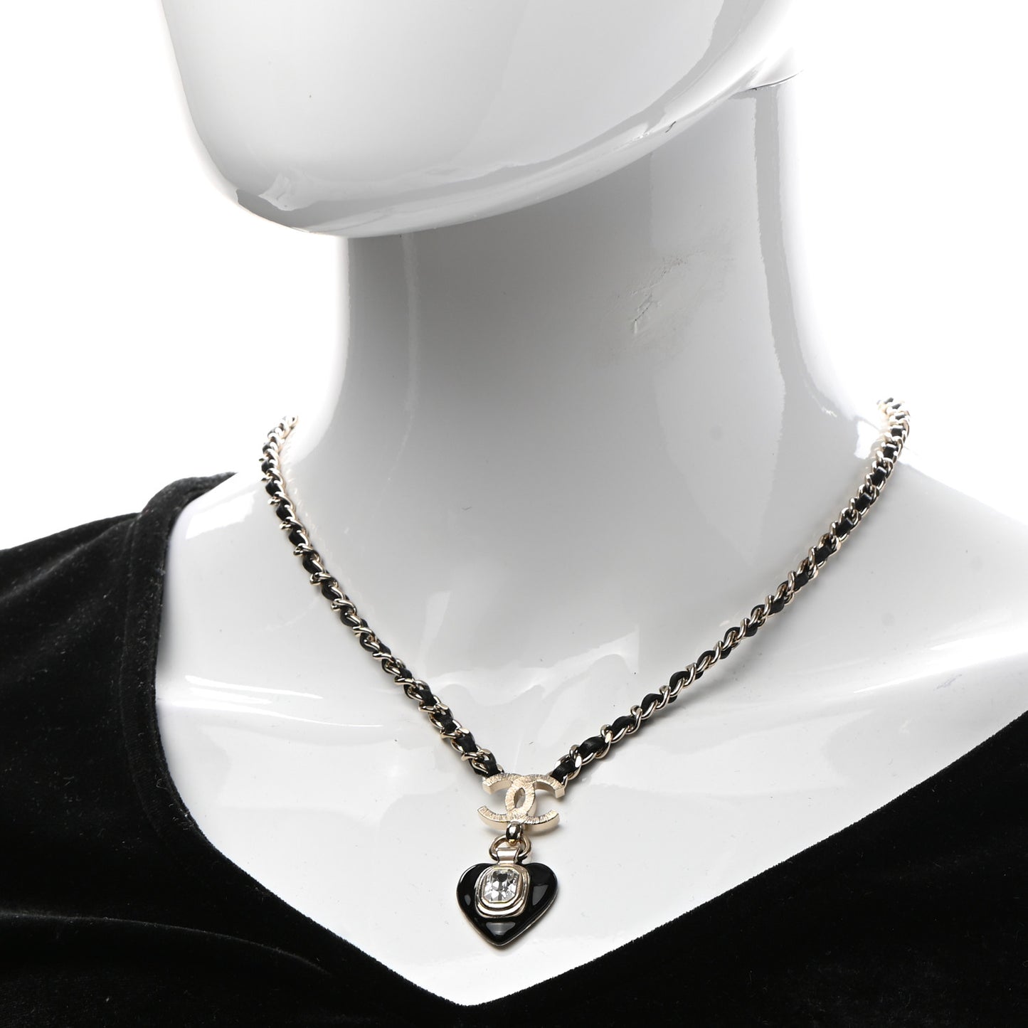 Lambskin Crystal Pearl CC Heart Drop Necklace Gold Black