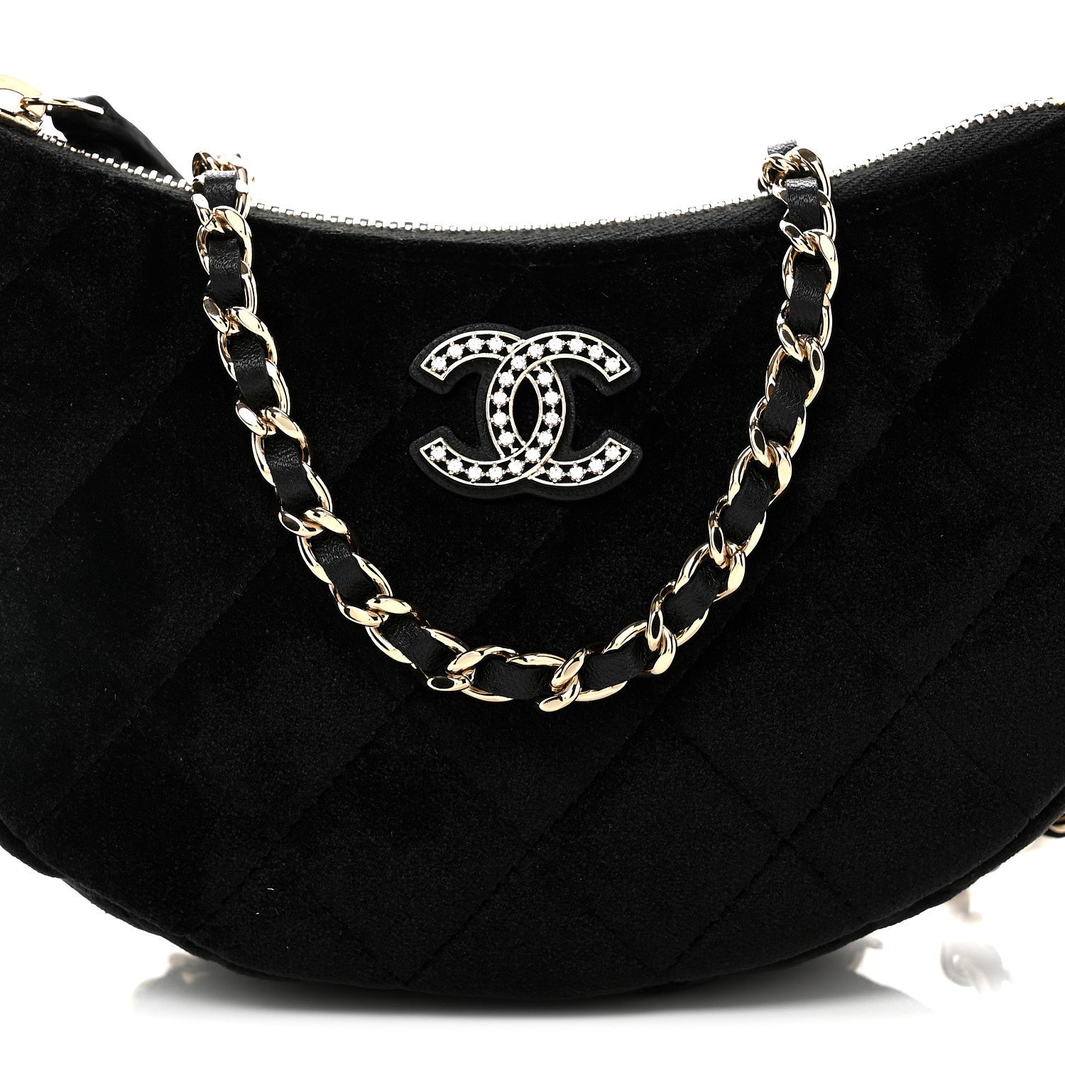 Chanel Velvet Crystal Quilted Chain Hobo Black 8 of 10