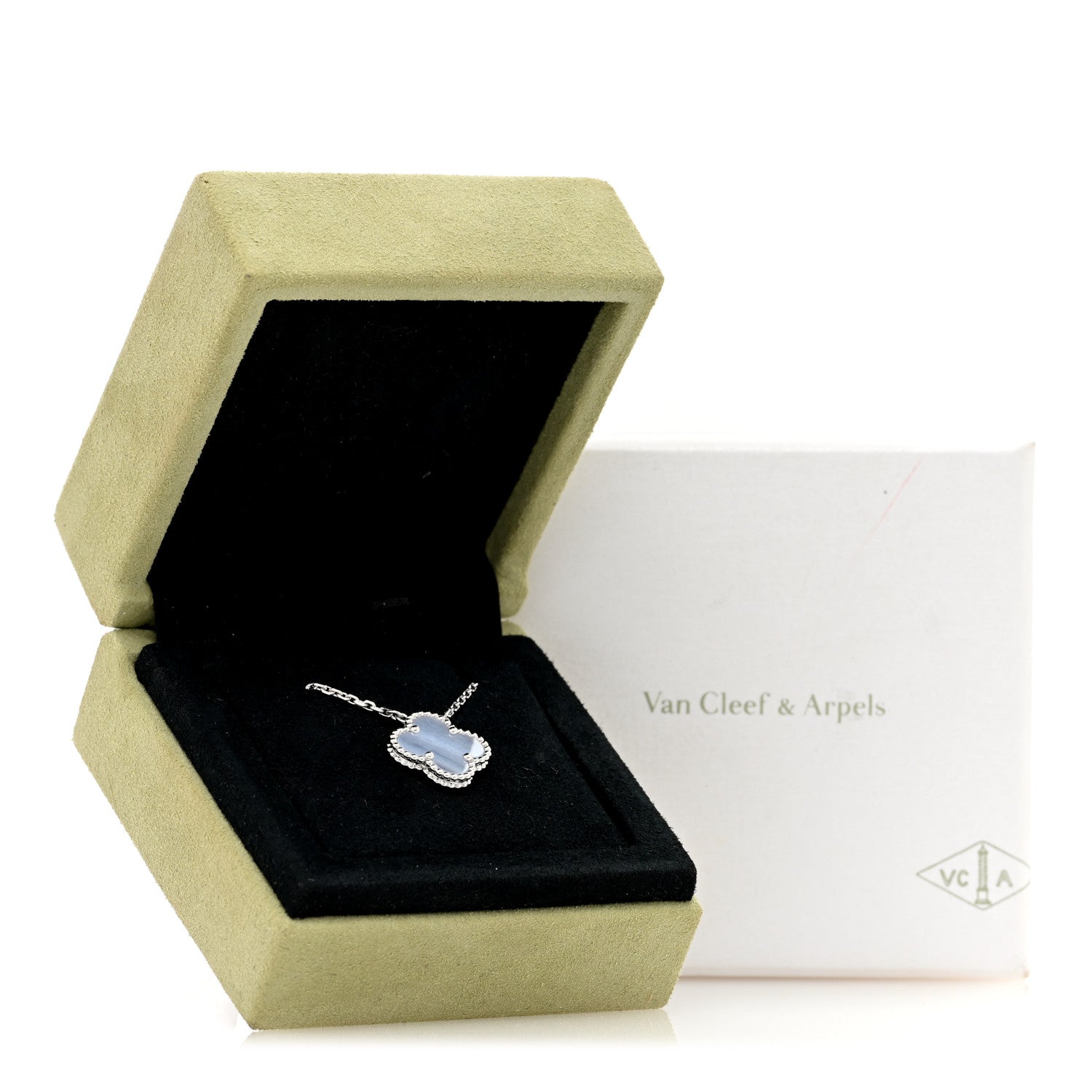 Van Cleef & Arpels 18k White Gold Chalcedony Vintage Alhambra Pendant Necklace 5 of 5