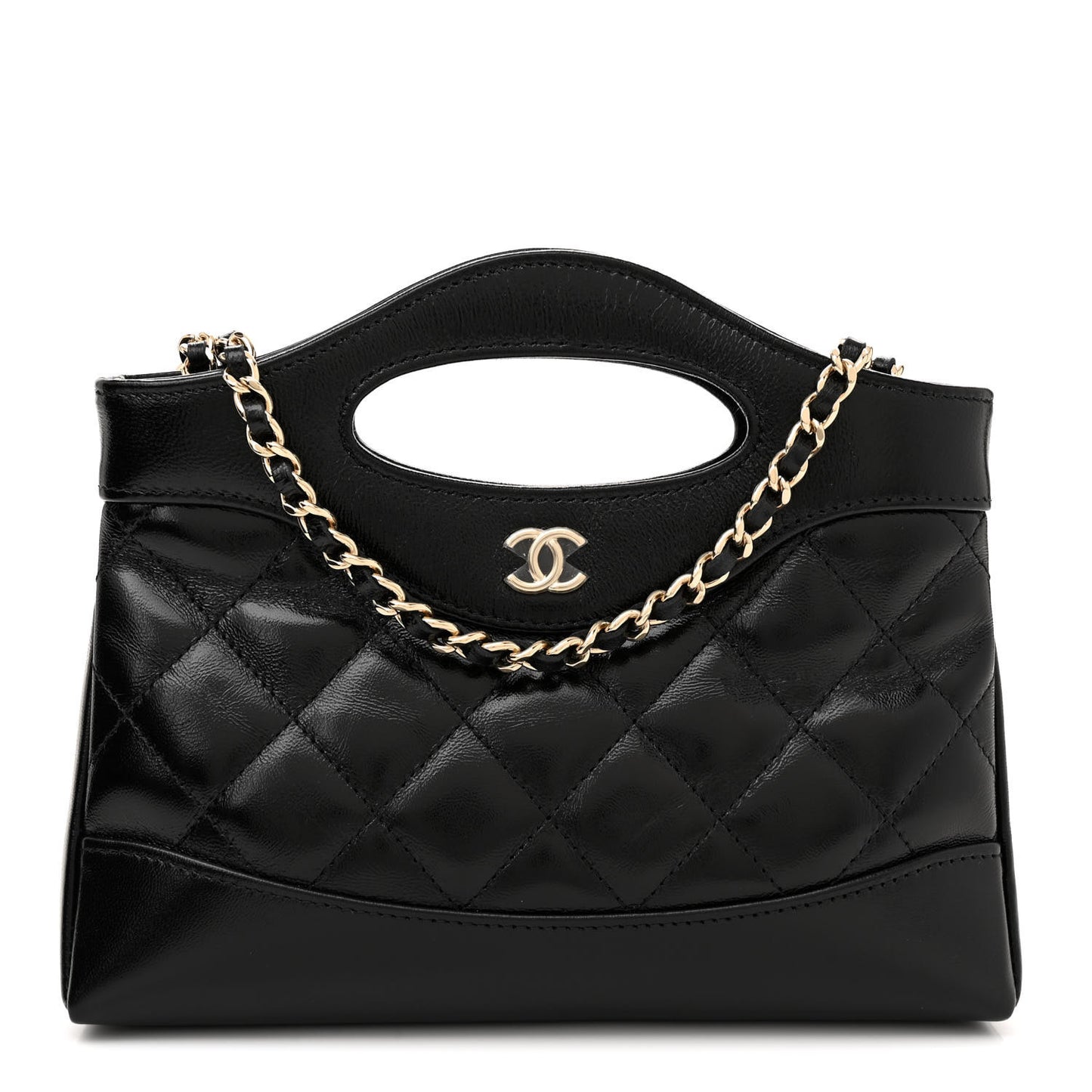 Shiny Crumpled Calfskin Quilted Nano 31 Shopping Bag Black