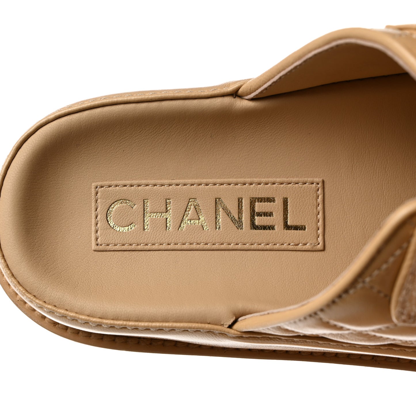 Lambskin Quilted Velcro Dad Chain CC Slide Sandals 36 Beige