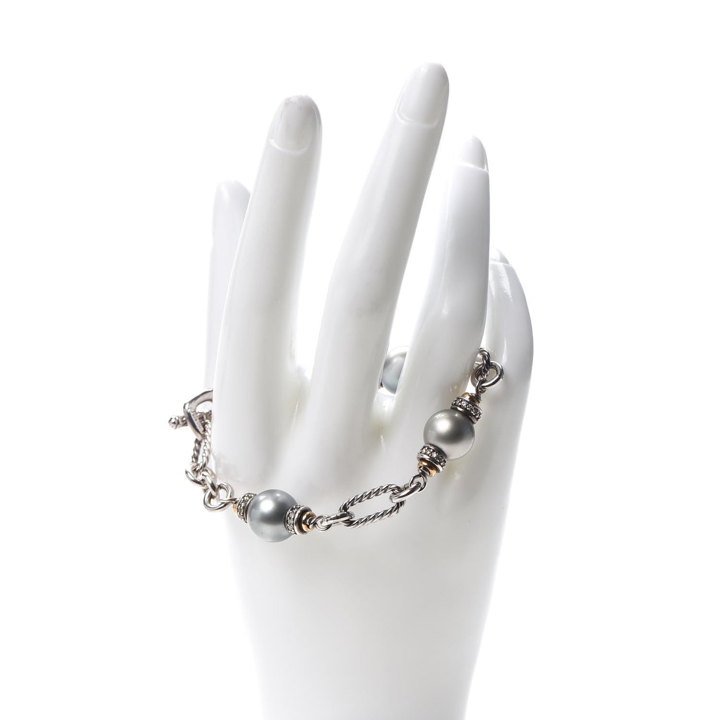 Sterling Silver 18K Yellow Gold Diamond Tahitian Pearl 11.5mm Figaro Bracelet