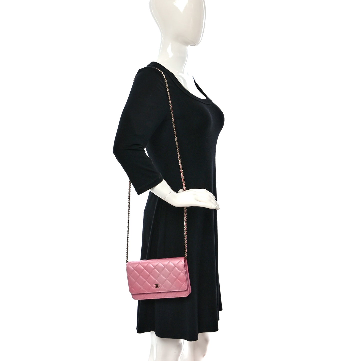 Iridescent Caviar Quilted Wallet on Chain WOC Rose Pink
