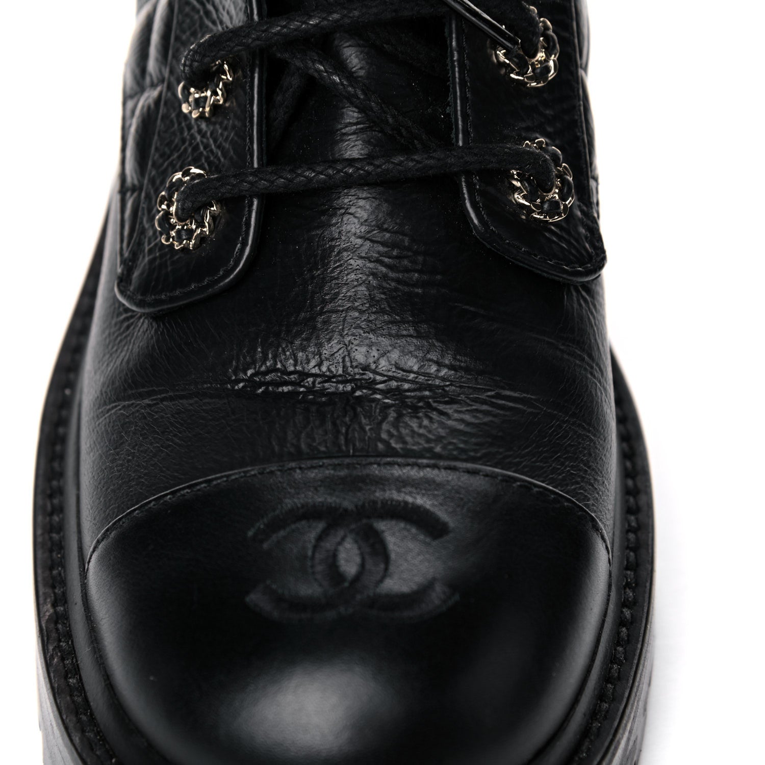 Chanel Shiny Goatskin Calfskin Quilted Lace Up Combat Boots 38 Black 8 of 13
