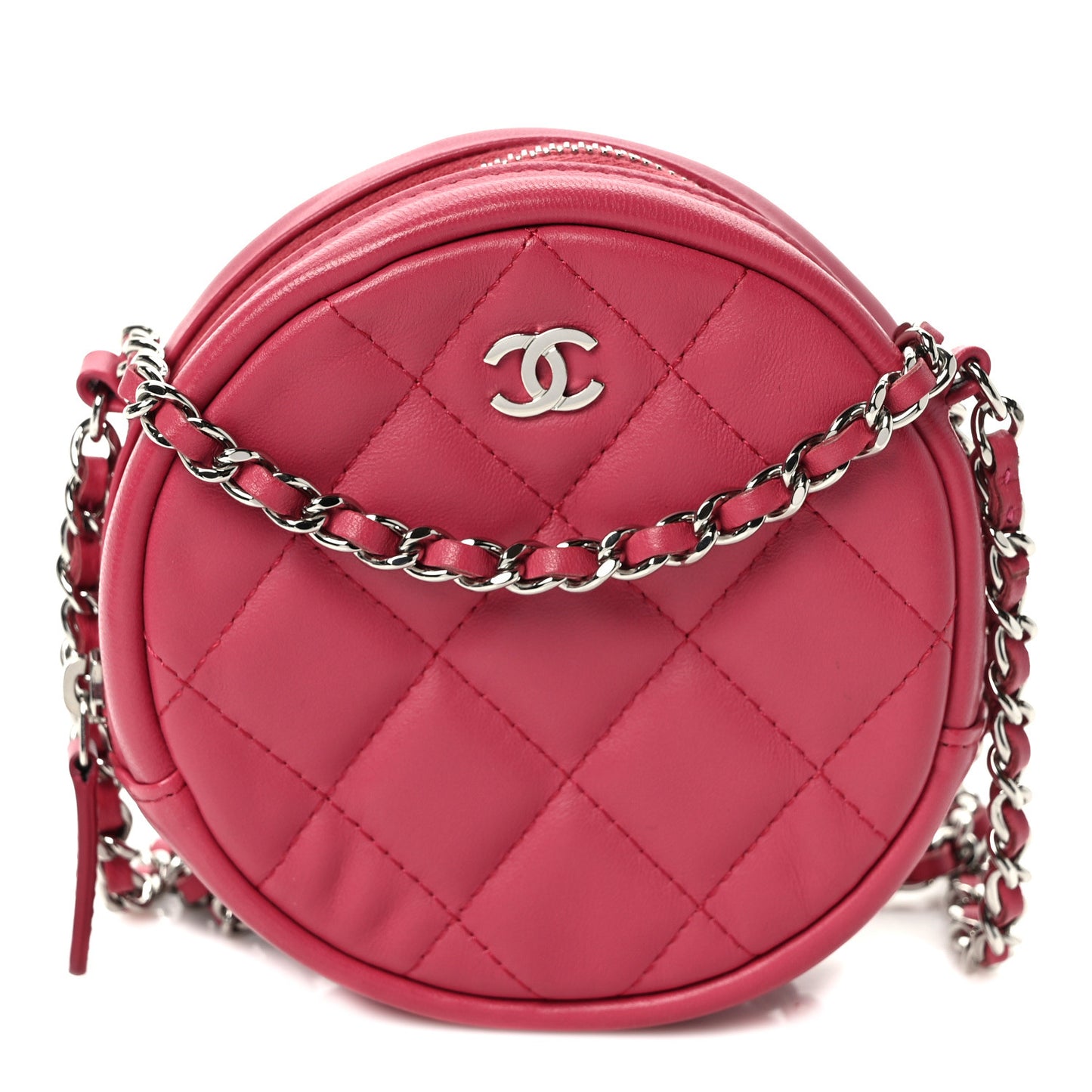 Lambskin Quilted Round Clutch With Chain Pink