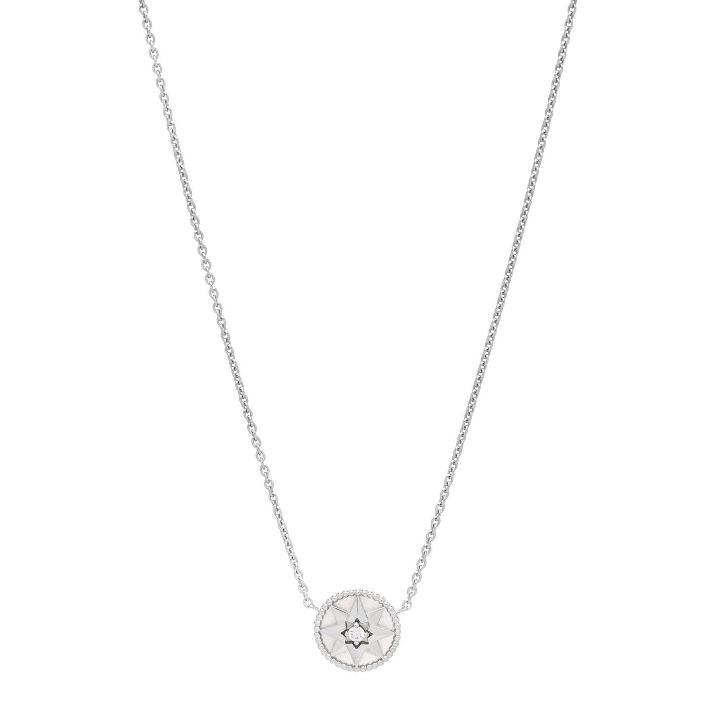 18K White Gold Diamond Mother of Pearl Rose Des Vents Necklace