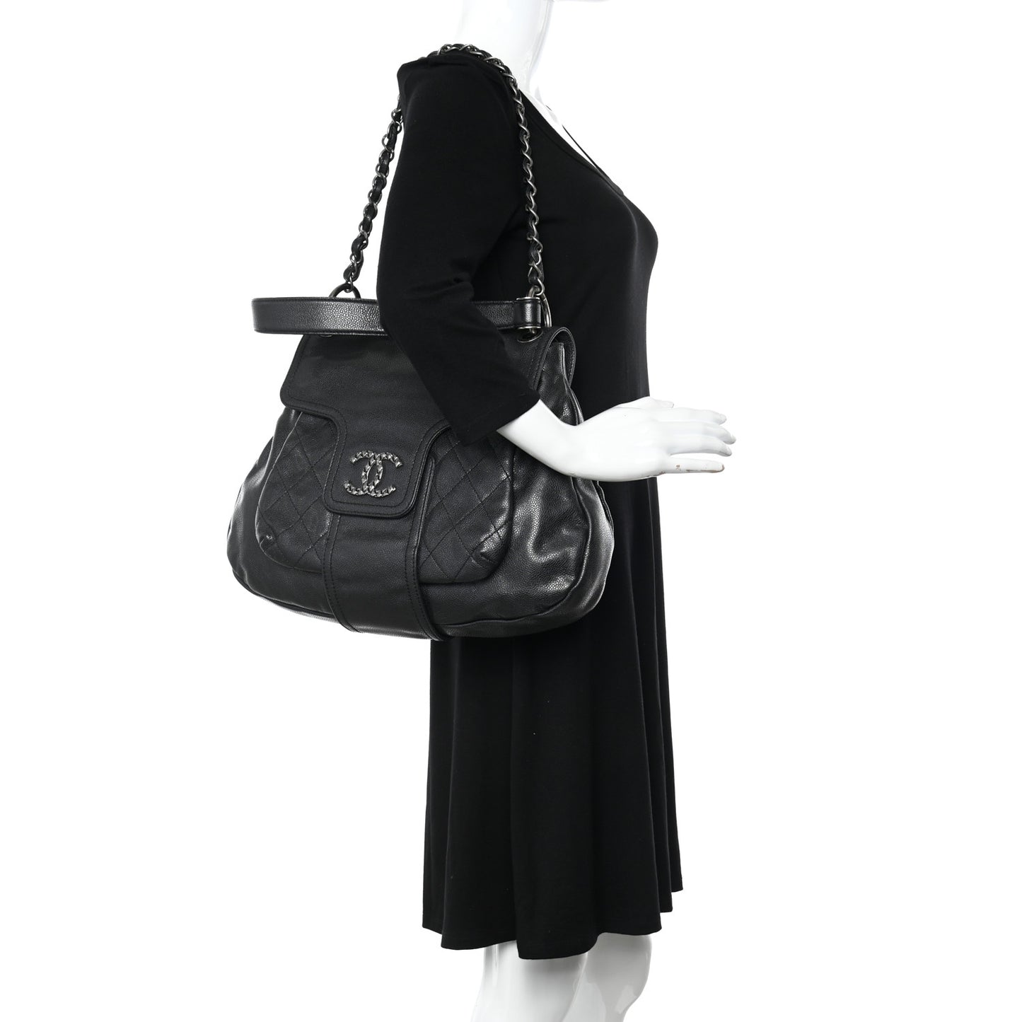 Glazed Caviar Coco Rider Flap Hobo Dark Grey