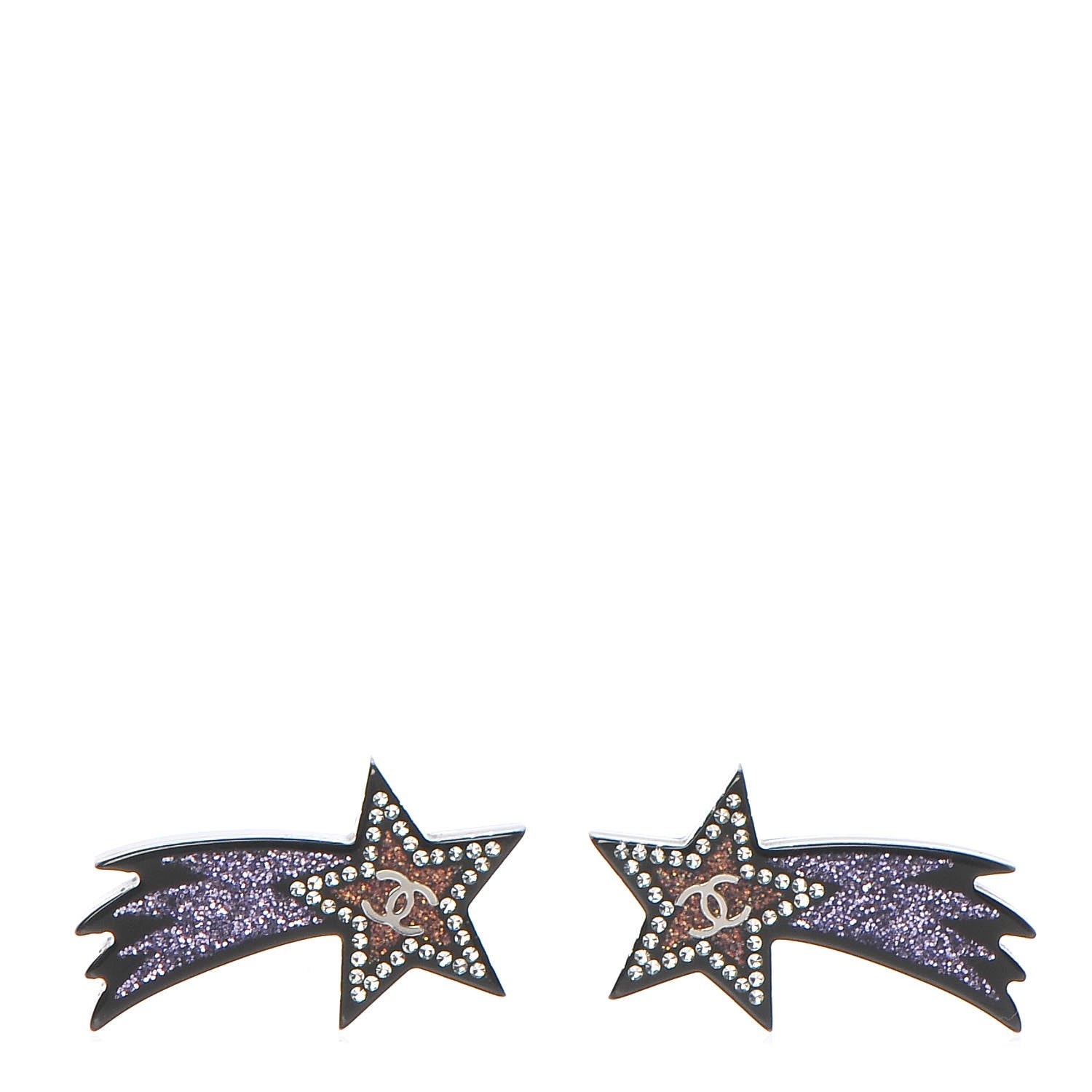 Chanel Resin Crystal CC Shooting Star Earrings Silver Purple 1 of 6