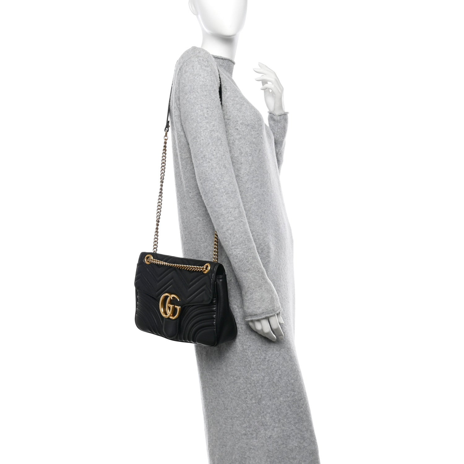 Gucci Calfskin Matelasse Medium GG Marmont Shoulder Bag Black 2 of 11