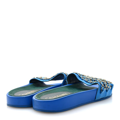 Chanel Satin Canvas Chain Slides Sandals Flats 40 Blue 5 of 8