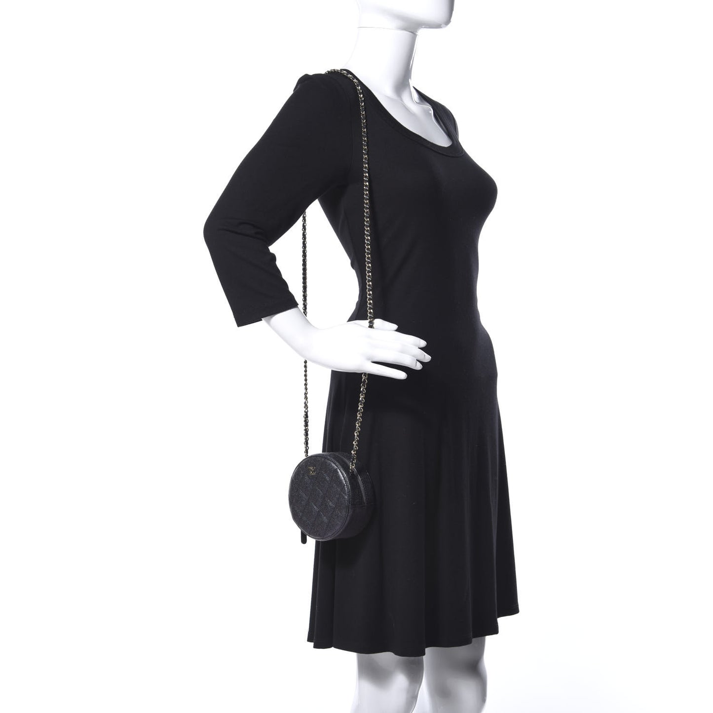 Iridescent Caviar Quilted Round Clutch With Chain Black