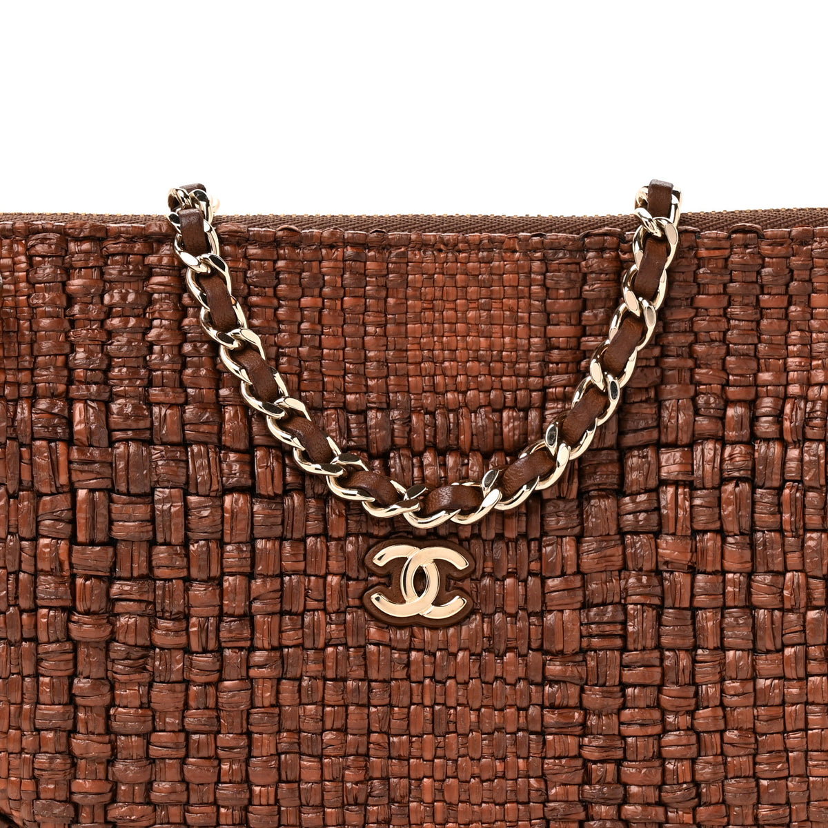 Braided Raffia Clutch With Chain Brown