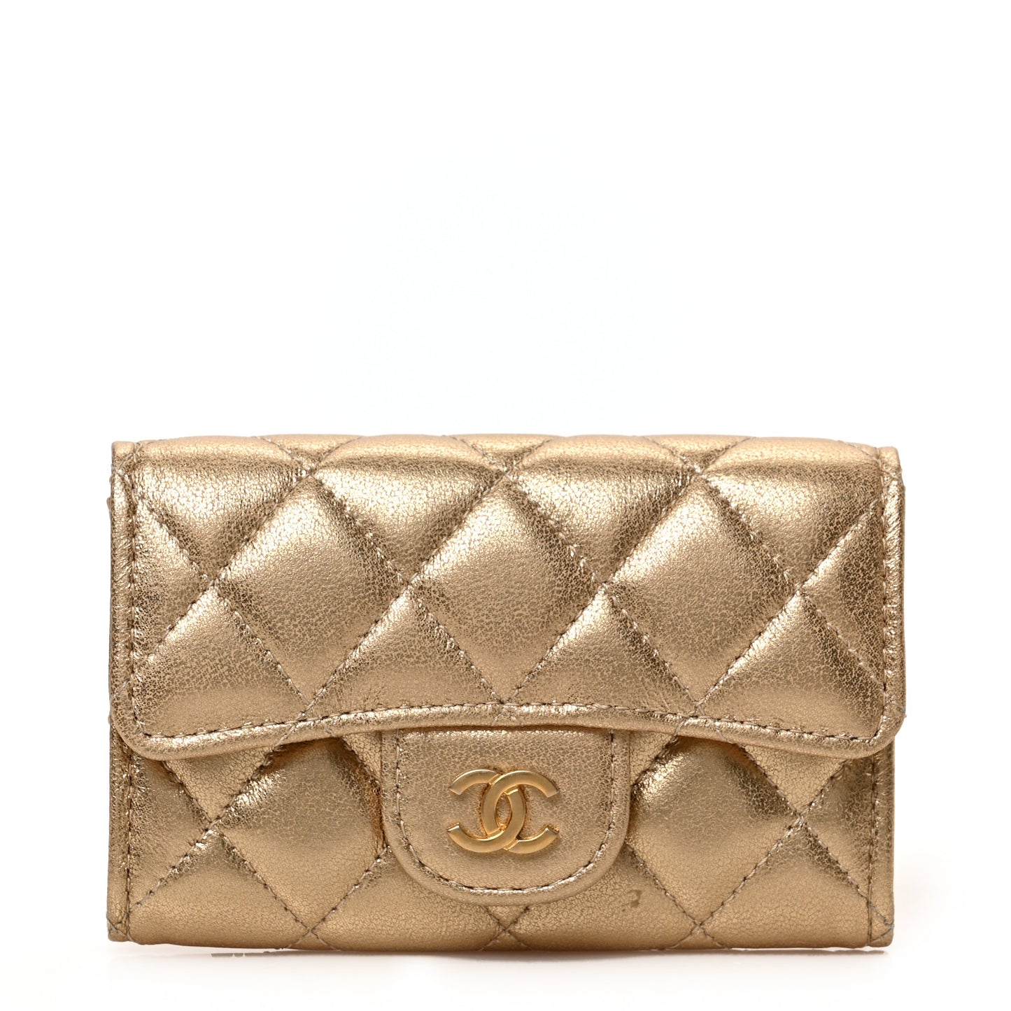 Metallic Lambskin Quilted Flap Card Holder Wallet Gold