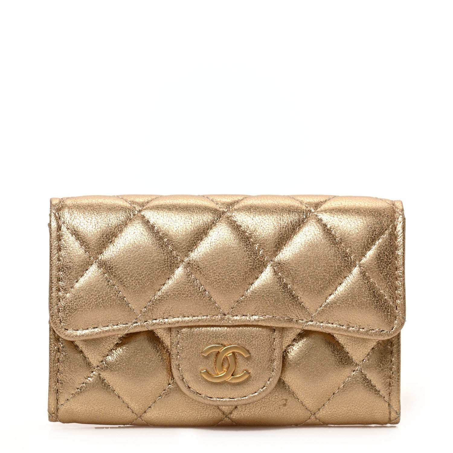Chanel Metallic Lambskin Quilted Flap Card Holder Wallet Gold 1 of 8
