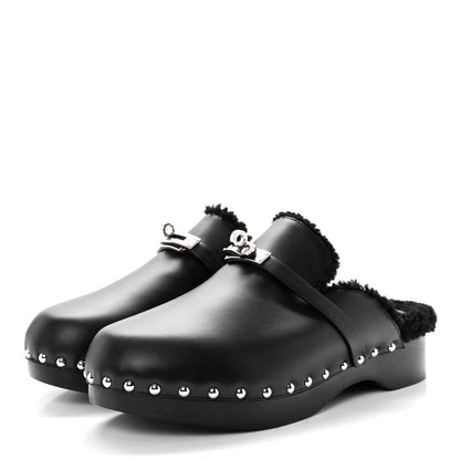 Hermes Calfskin Woolskin Carlotta Mules 41 Black 3 of 12