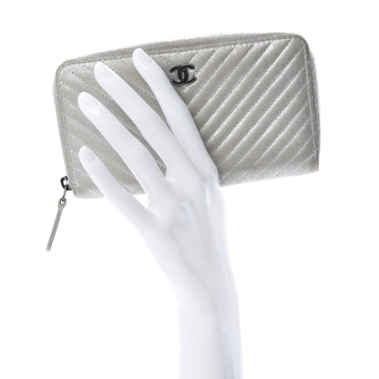 Chanel Metallic Lambskin Chevron Quilted Small Zip Around Wallet Silver 2 of 13