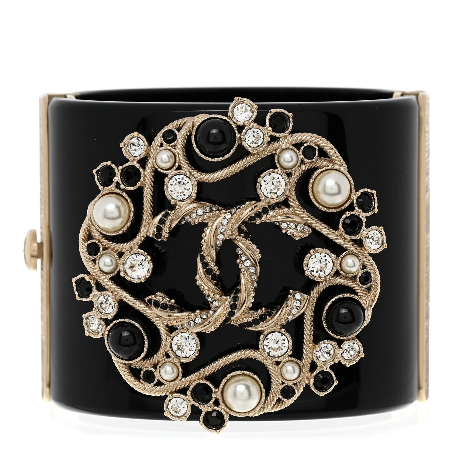 Chanel Resin Crystal Pearl Flower CC Cuff Black 1 of 5