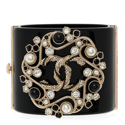Chanel Resin Crystal Pearl Flower CC Cuff Black 1 of 5