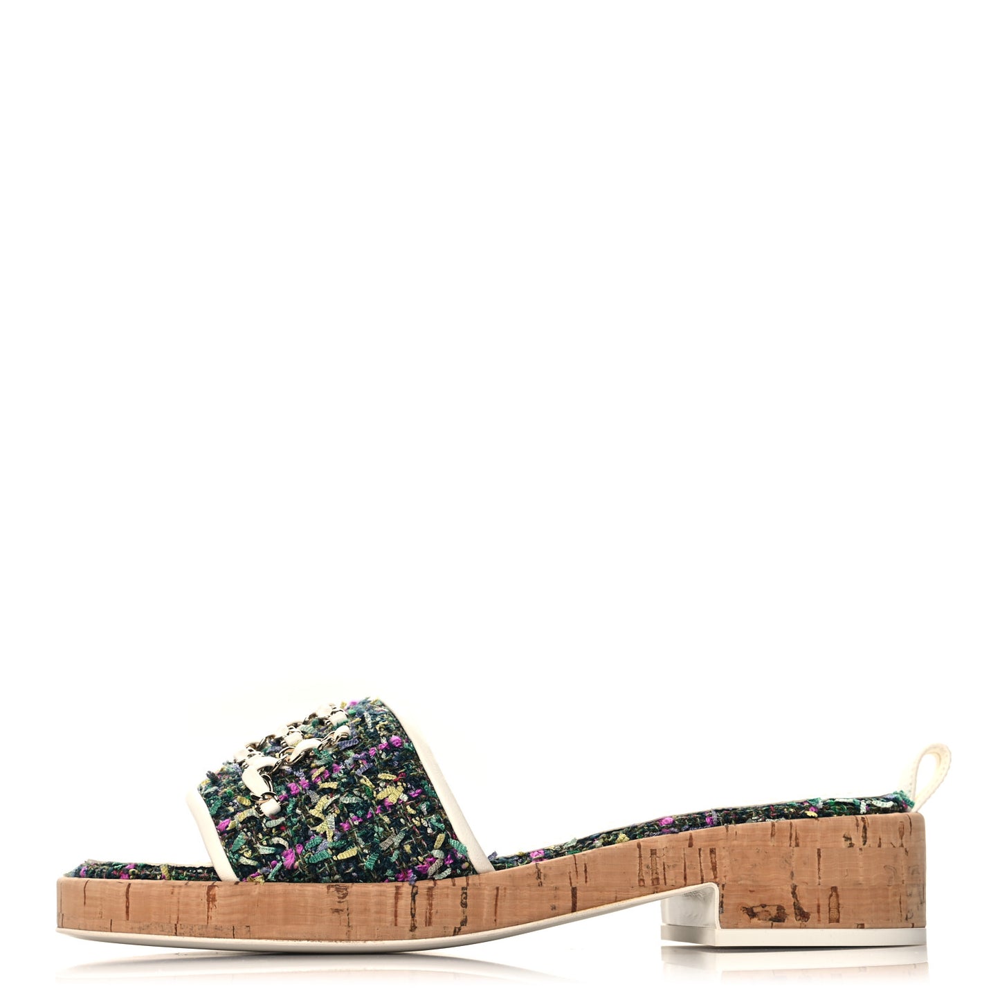 Tweed Cork CC Chain Mule Sandal 36.5 Green Multicolor