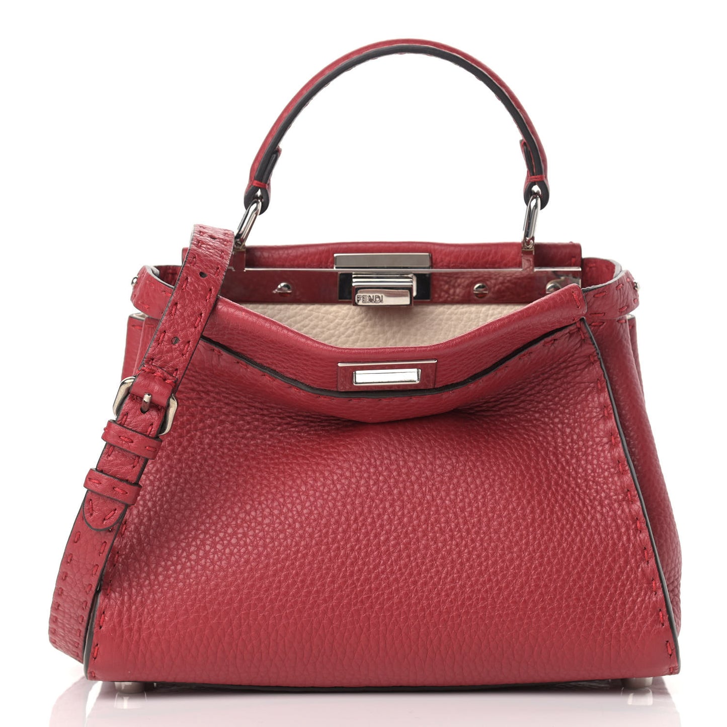 Cuoio Romano Selleria Bi-Color Mini Peekaboo Iconic Satchel Rosso Camelia
