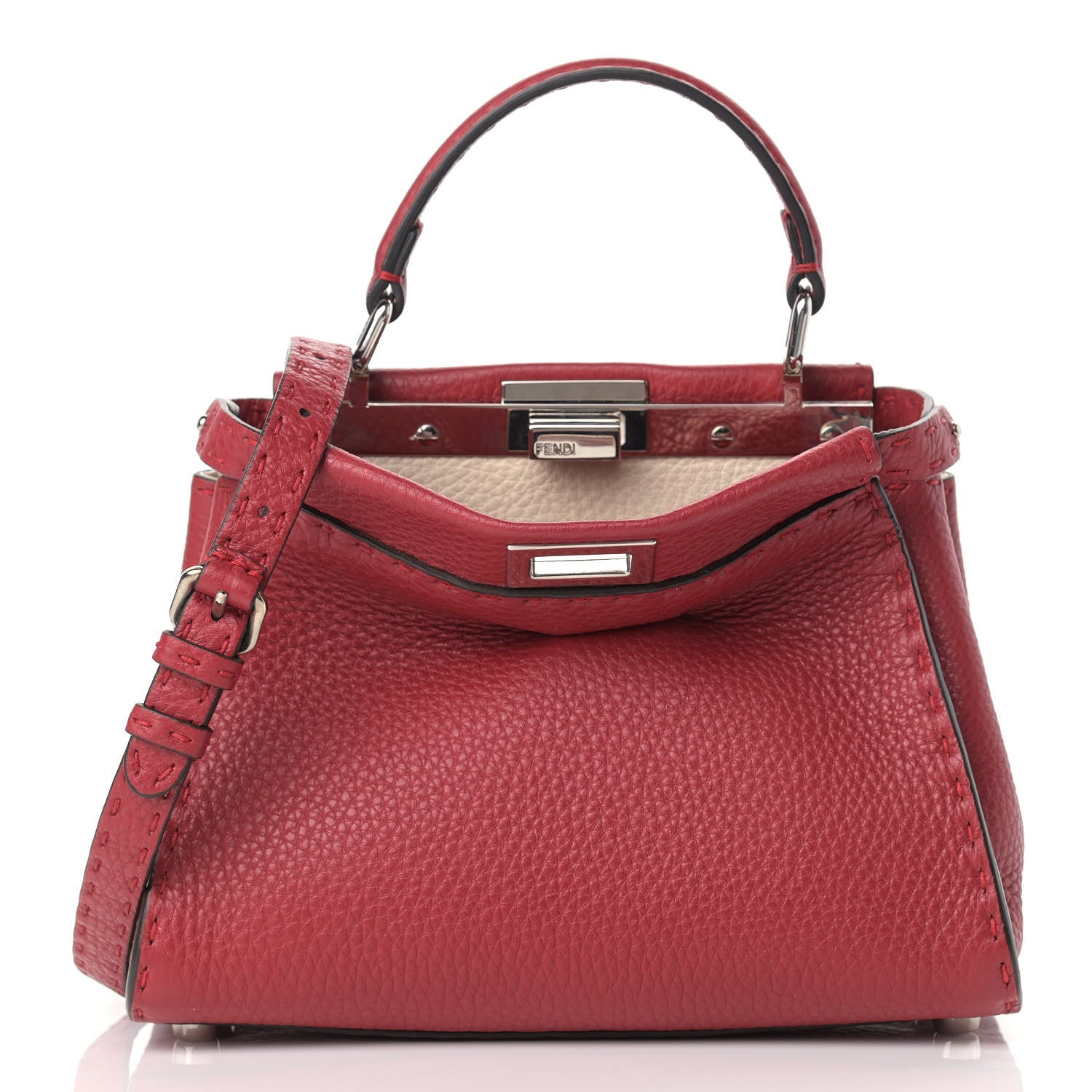 Fendi Cuoio Romano Selleria Bi-Color Mini Peekaboo Iconic Satchel Rosso Camelia 2 of 11