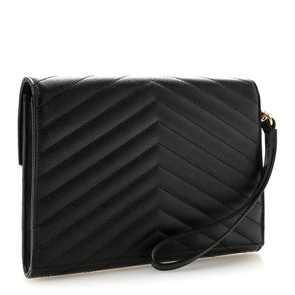 Saint Laurent Grain De Poudre Matelasse Chevron Monogram Envelope Clutch Black 3 of 9