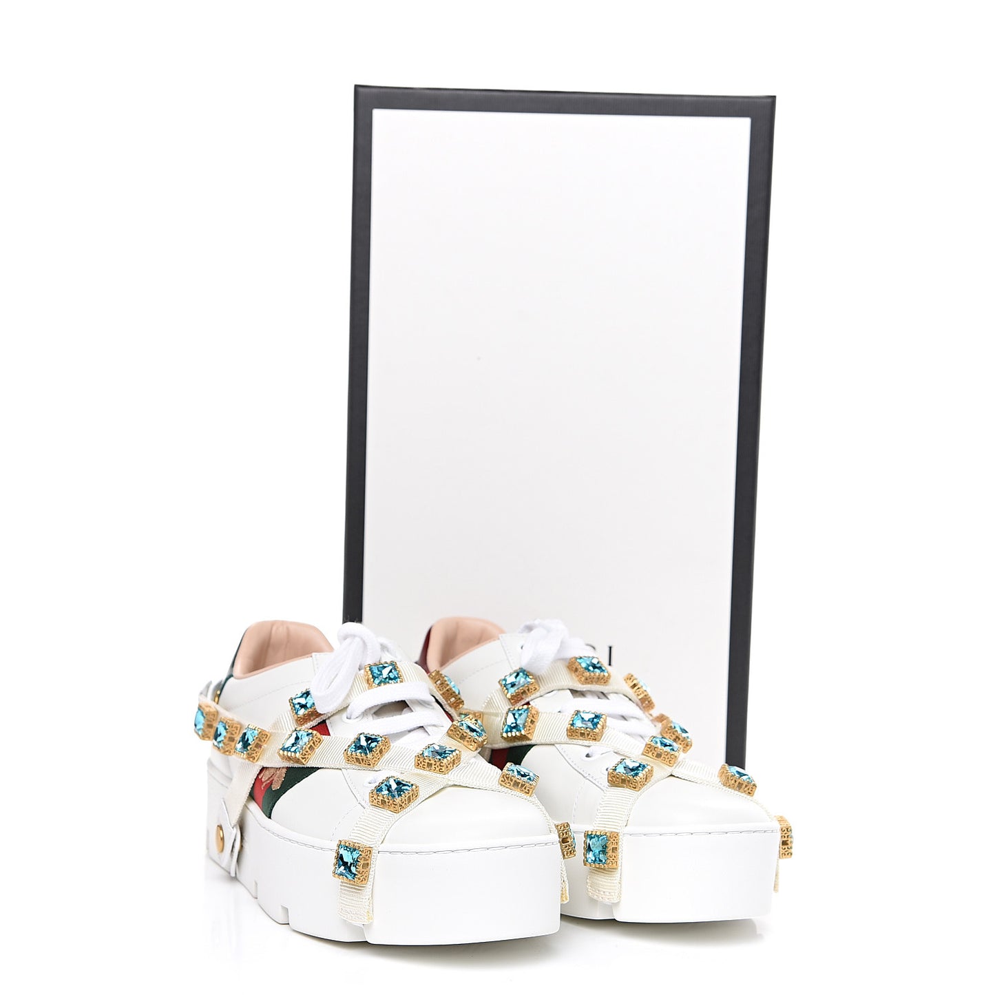 Calfskin Removable Crystals Bee Embroidered Ace Platform Sneakers 37.5 White
