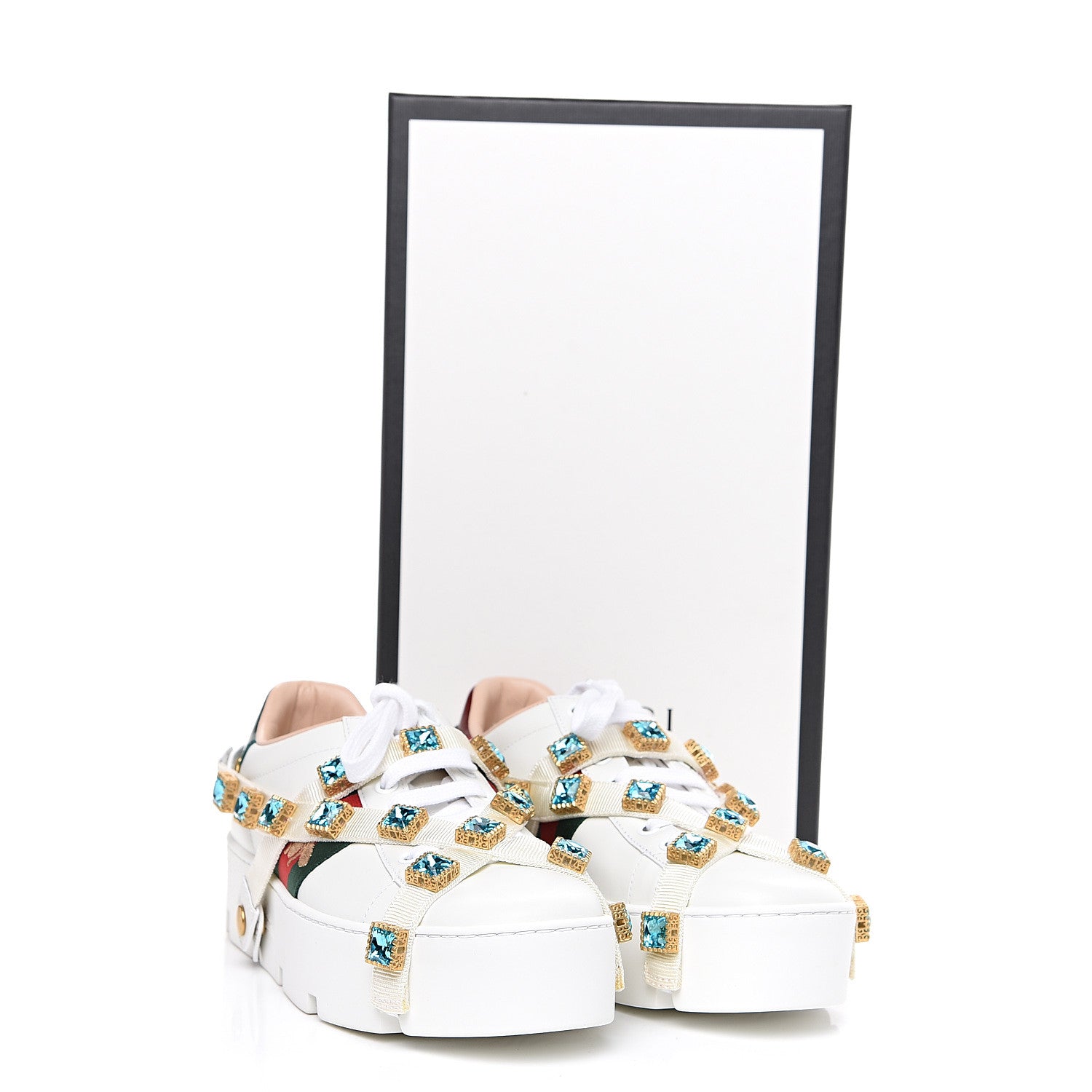 Gucci Calfskin Removable Crystals Bee Embroidered Ace Platform Sneakers 37.5 White 9 of 9