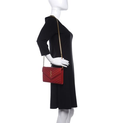 Saint Laurent Grain De Poudre Matelasse Chevron Monogram Chain Wallet New Red 2 of 10