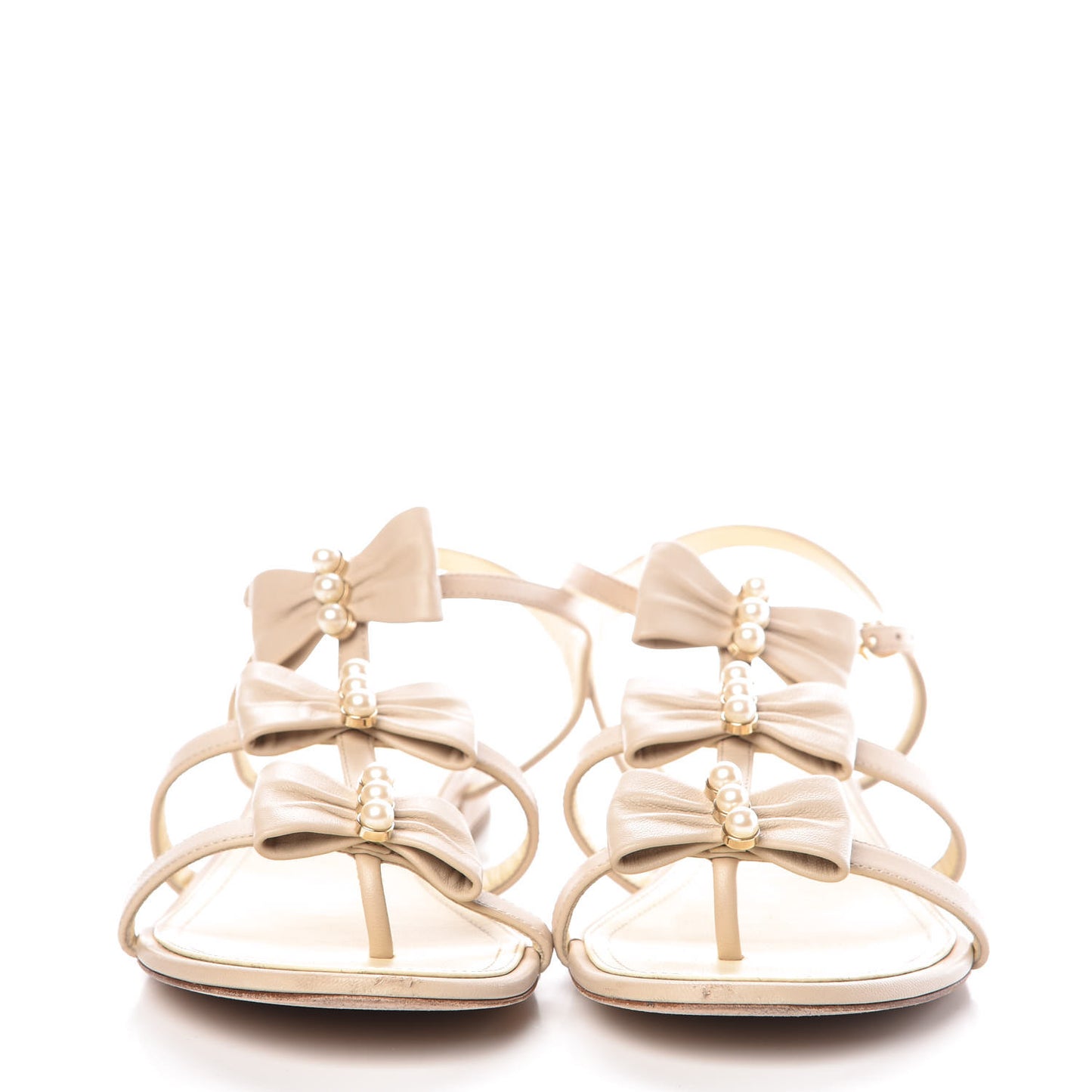 Lambskin Bow Pearl CC Thong Sandals 41 Beige