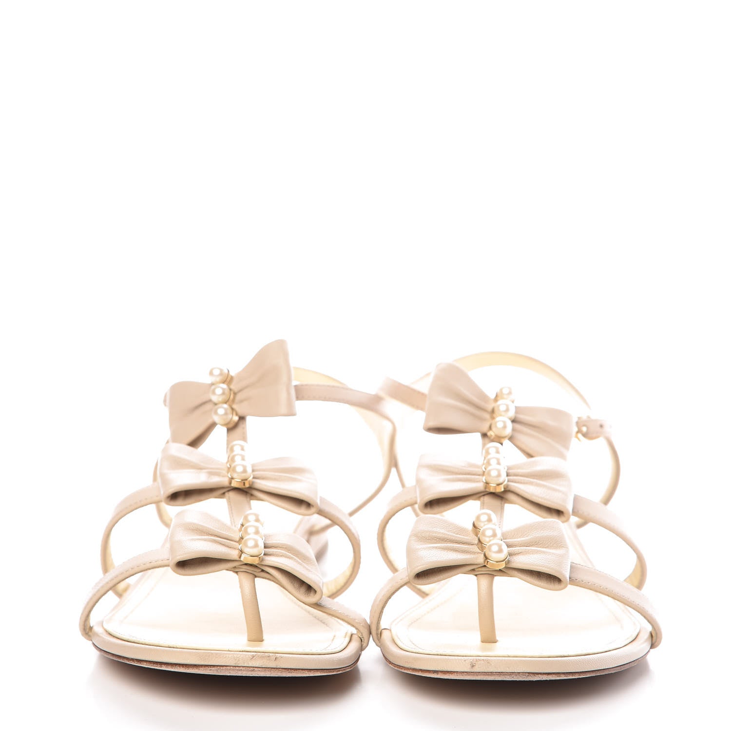 Chanel Lambskin Bow Pearl CC Thong Sandals 41 Beige 2 of 13