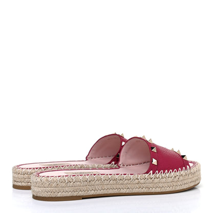 Valentino Garavani Grained Calfskin Rockstud Espadrille Flat Slide Sandals 38 Red 3 of 4