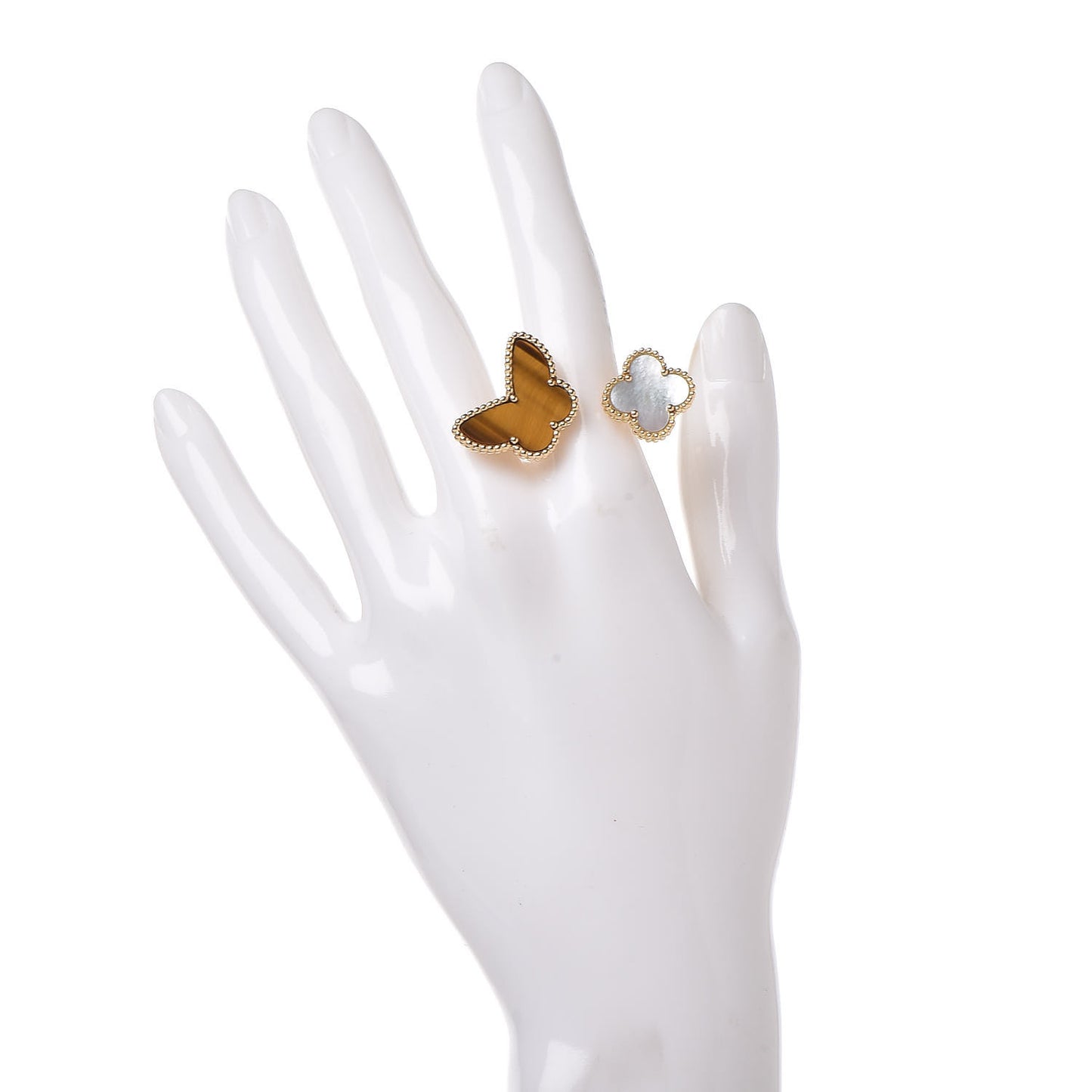 18K Yellow Gold Mother of Pearl Tiger Eye Lucky Alhambra Between the Finger Ring 53 6.25