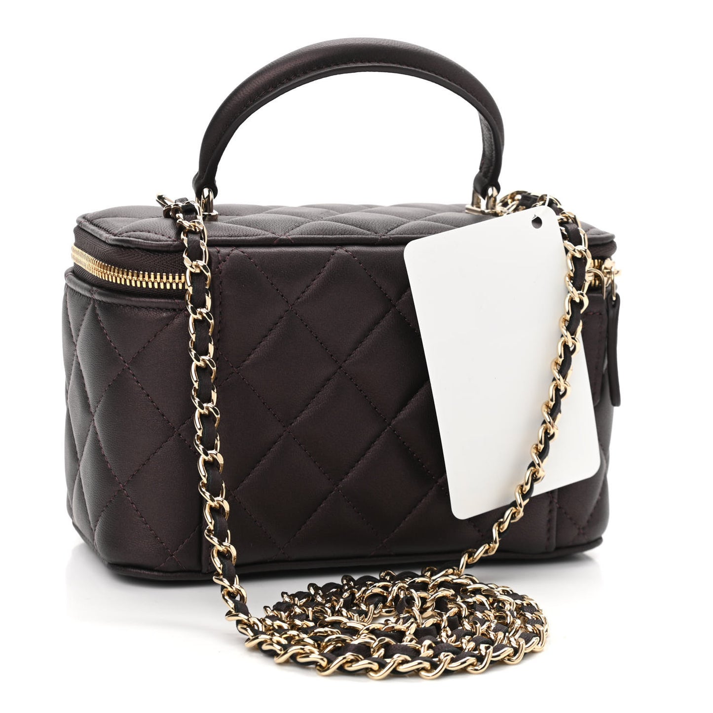 Iridescent Lambskin Quilted Small Top Handle Vanity Case With Chain Burgundy