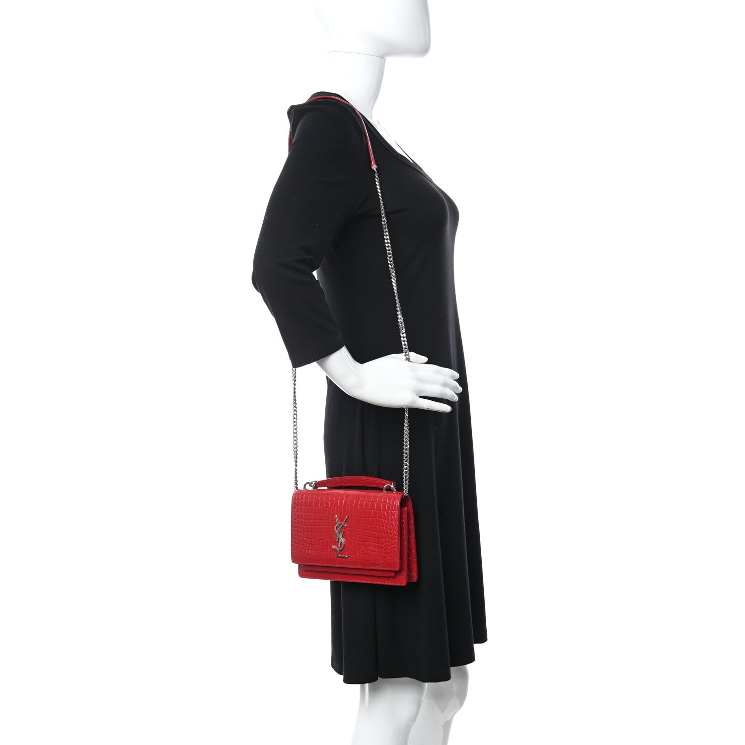 Saint Laurent Calfskin Crocodile Embossed Monogram Sunset Chain Wallet Rouge Eros 2 of 17