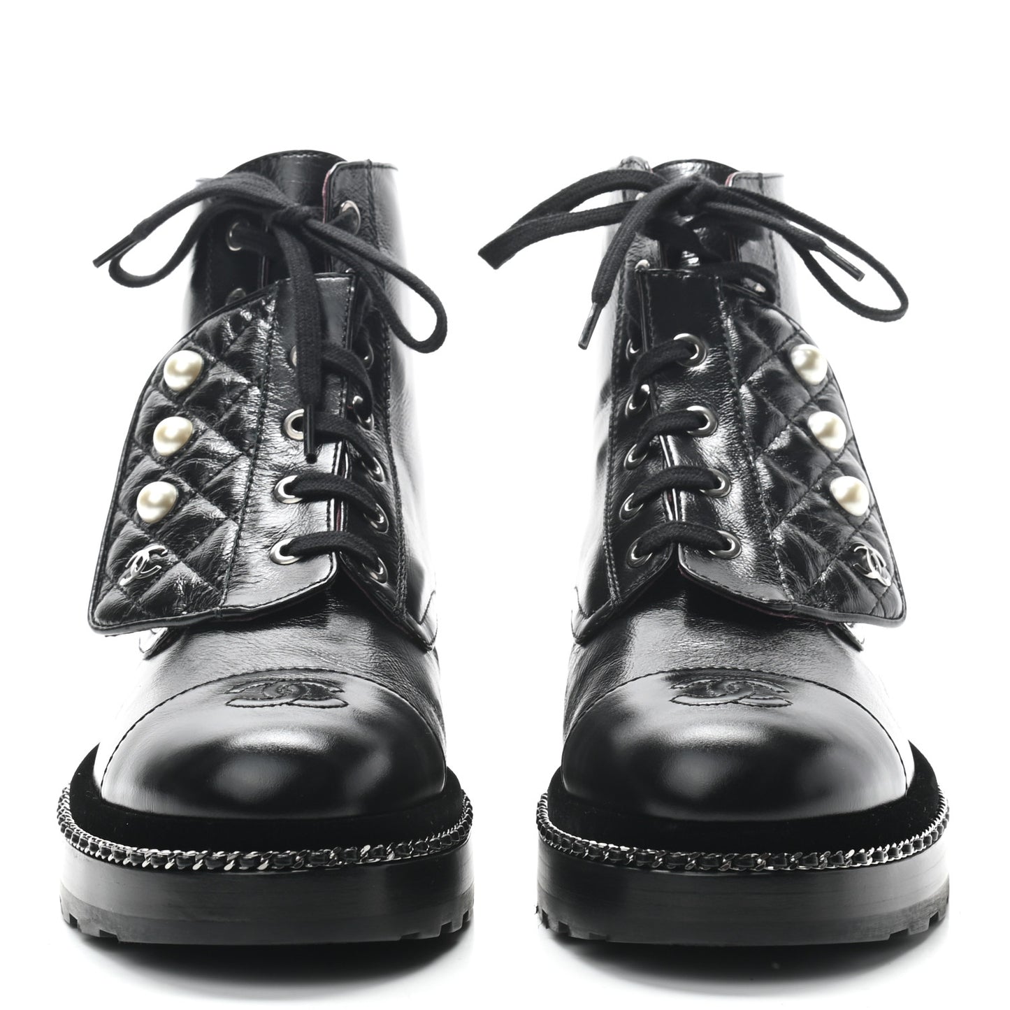 Crackled Calfskin Velvet Pearl Combat Short Boots 39 Black