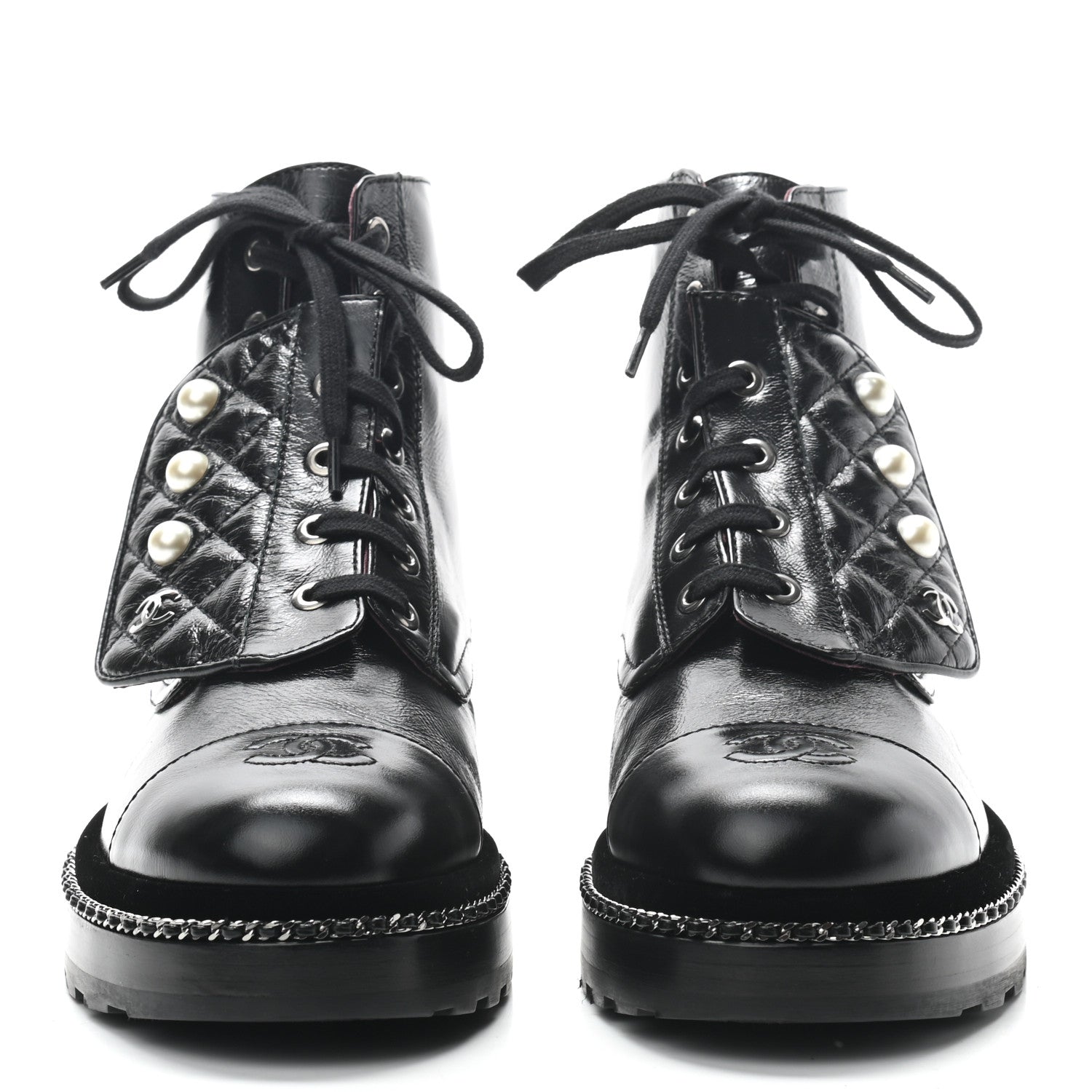 Chanel Crackled Calfskin Velvet Pearl Combat Short Boots 39 Black 2 of 8