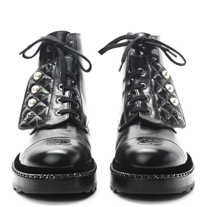 Chanel Crackled Calfskin Velvet Pearl Combat Short Boots 39 Black 2 of 8