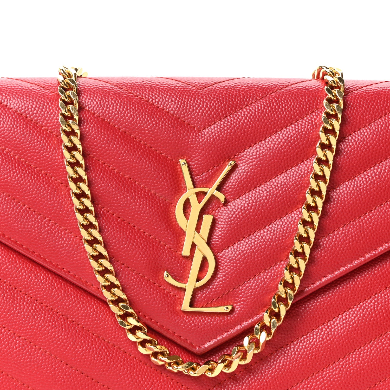 Saint Laurent Grain De Poudre Matelasse Chevron Monogram Chain Wallet Rouge Eros 6 of 8
