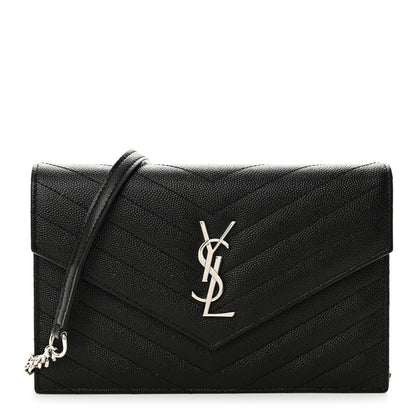 Saint Laurent Grain De Poudre Matelasse Chevron Monogram Envelope Chain Wallet Black 1 of 10