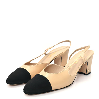 Chanel Goatskin Grosgrain Cap Toe CC Slingback Pumps 41 Beige Black 3 of 10