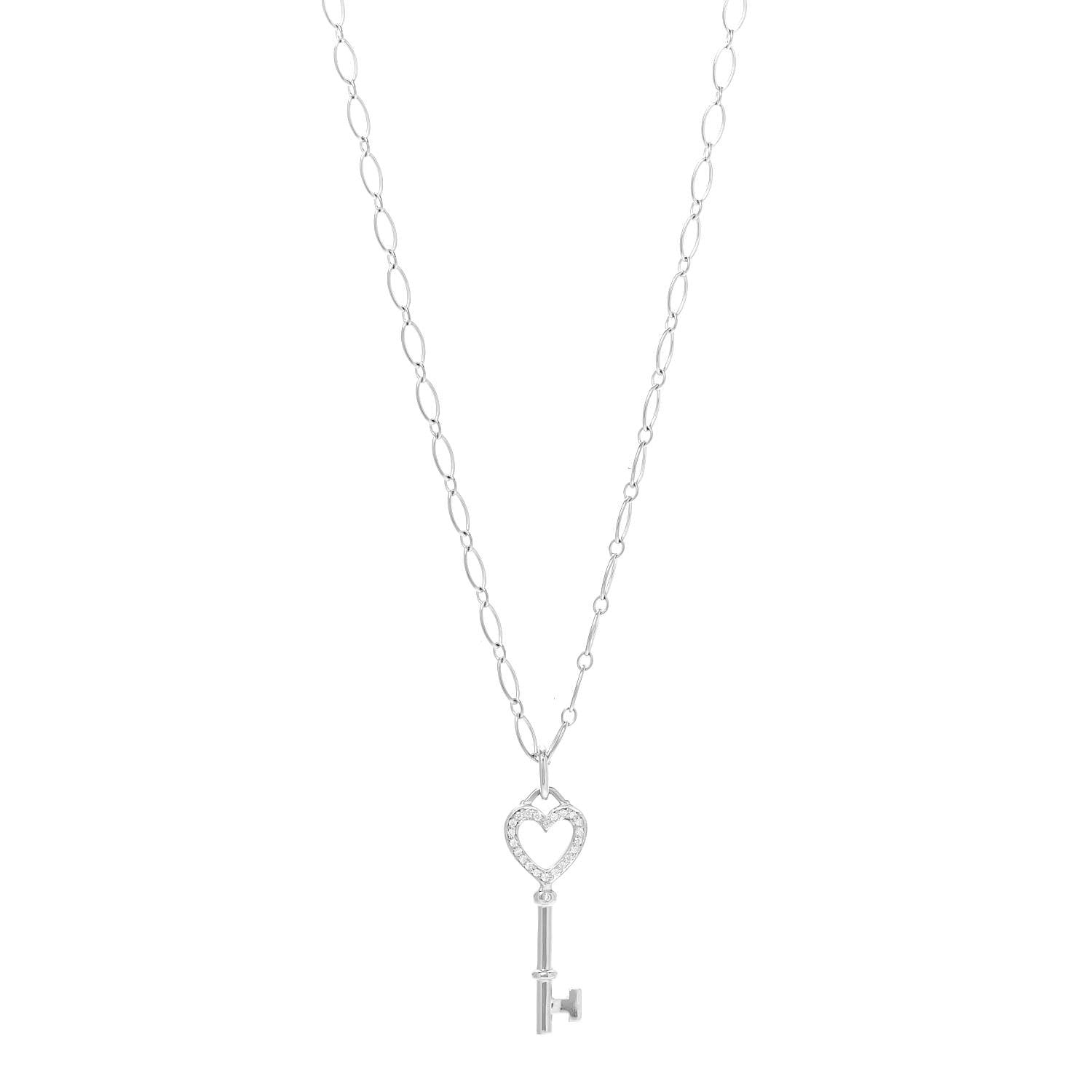 Tiffany 18K White Gold Diamond Mini Heart Key Charm Pendant Link Necklace 1 of 6