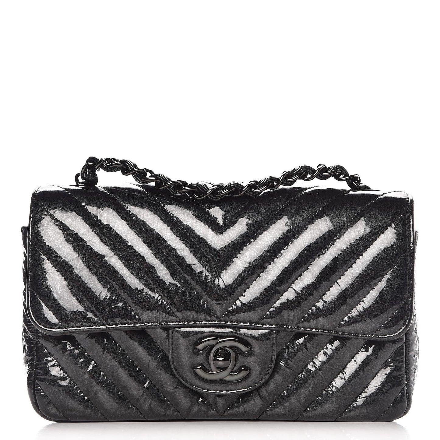 Patent Metallic Crumpled Calfskin Chevron Quilted Mini Rectangular Flap So Black